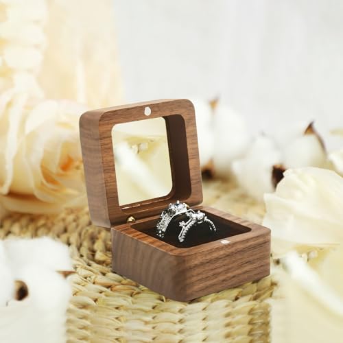 Walnut Wood Ring Box – angled view showing walnut grain and brass hinge detail, handcrafted