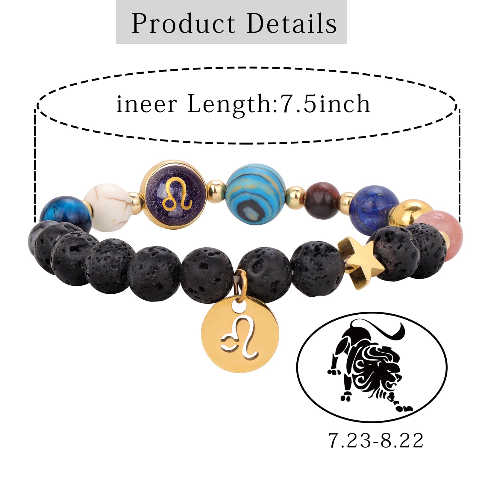 Zodiac Crystal Beaded Bracelet – Leo two-strand design with product details and 7.5 inch length