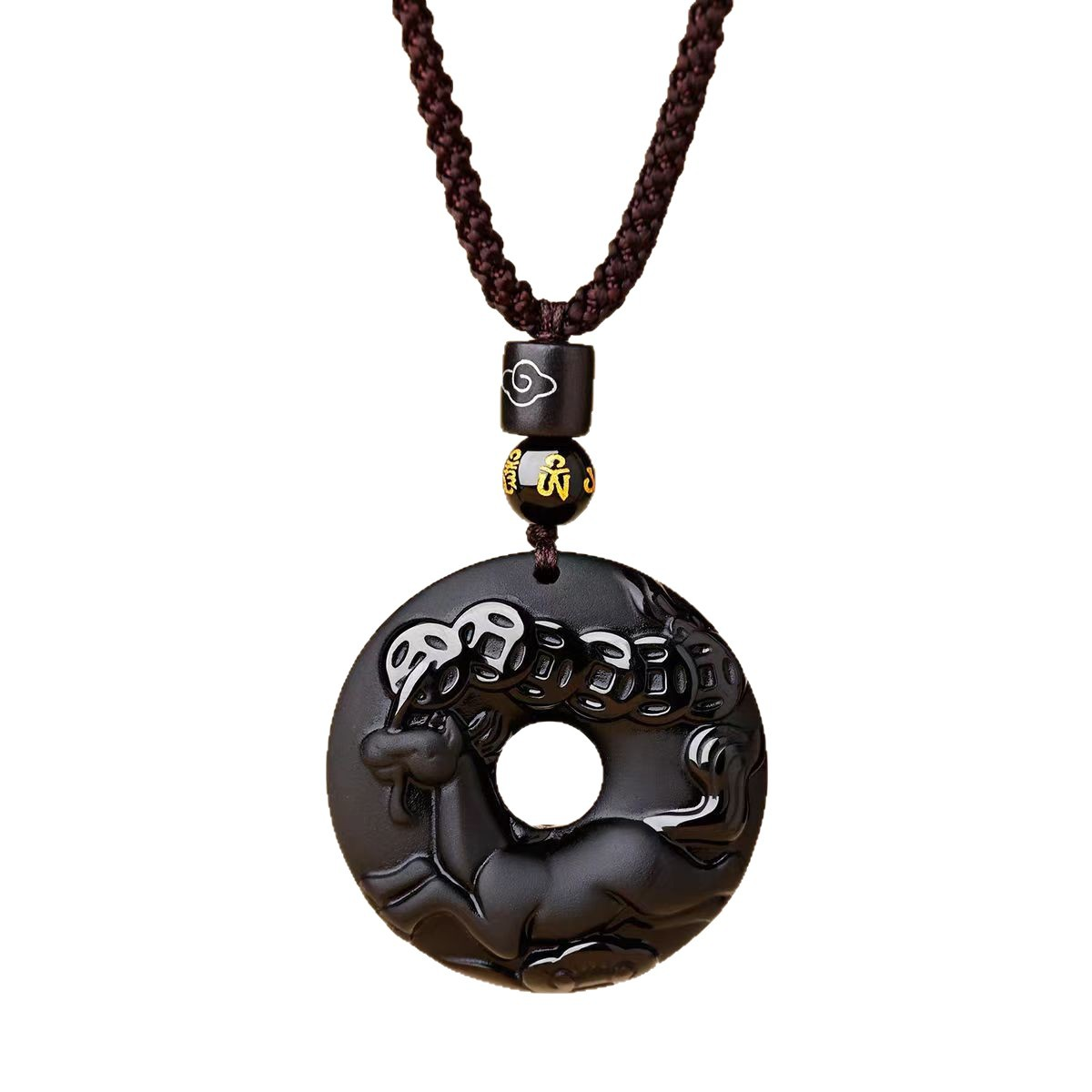 Black Obsidian Necklace – horse zodiac white background, coin pattern obsidian pendant
