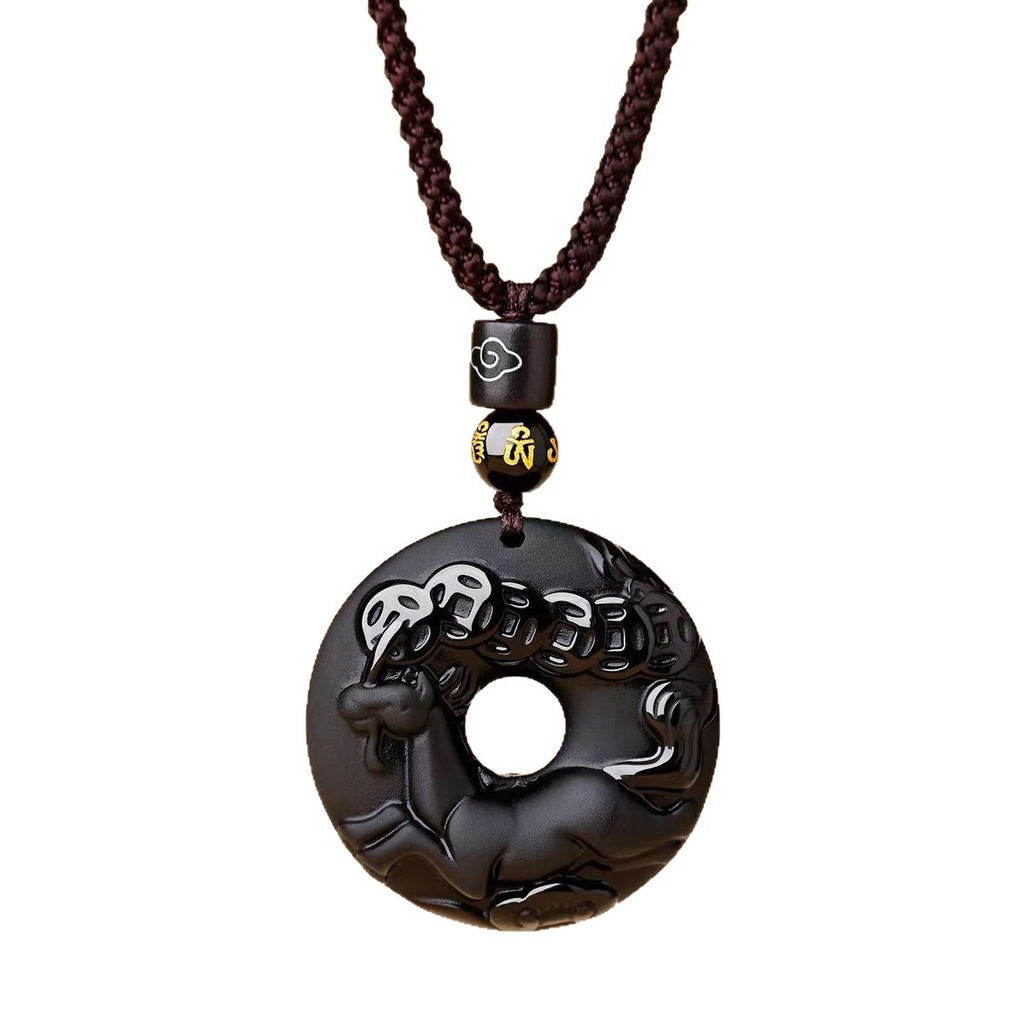 Black Obsidian Necklace – horse zodiac white background, coin pattern obsidian pendant