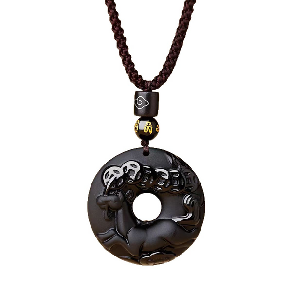 Black Obsidian Necklace – horse zodiac white background, coin pattern obsidian pendant