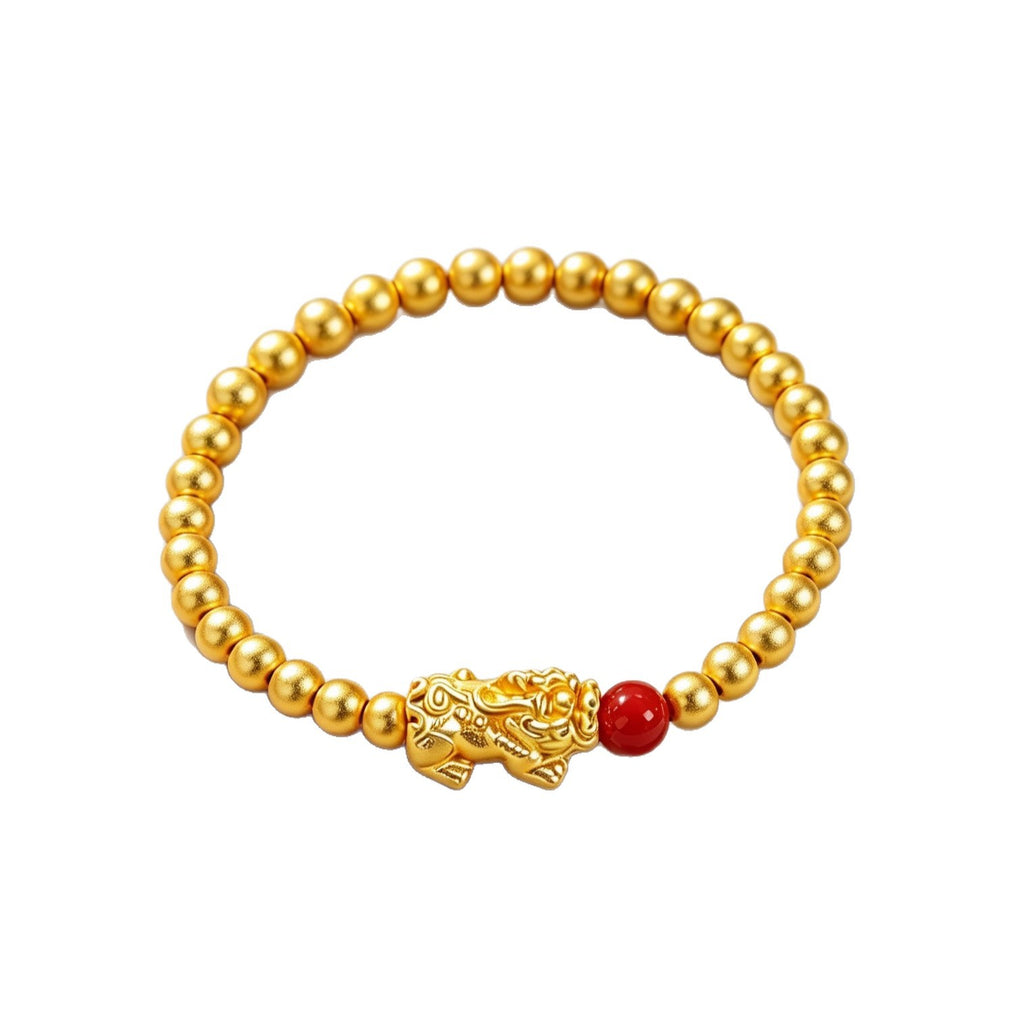 Gold-Plated Pixiu & Red Bead Stretch Bracelet