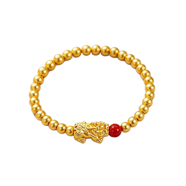 Gold-Plated Pixiu & Red Bead Stretch Bracelet