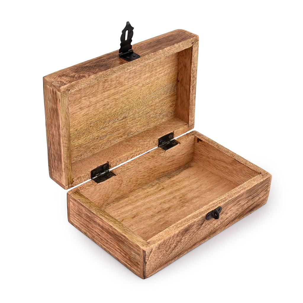 Mango Wood Tree of Life Box – open lid revealing empty interior compartment and hinges, storage