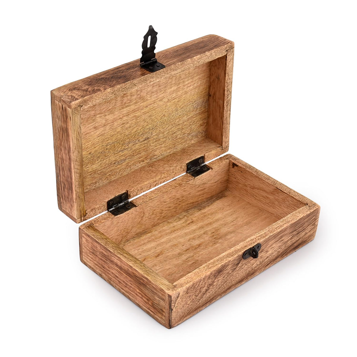 Mango Wood Tree of Life Box – open lid revealing empty interior compartment and hinges, storage