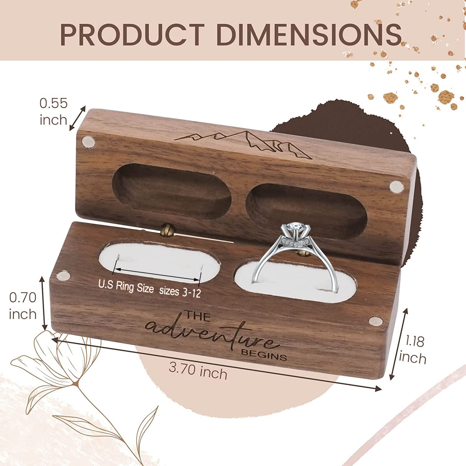 Engraved Walnut Ring Box – open box with dimension callouts 3.7 inch and ring size 3-12, product spec