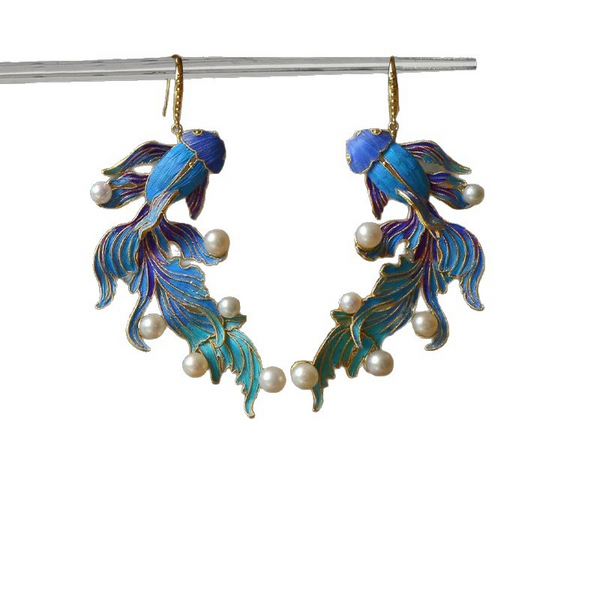 Koi Earrings – Blue enamel koi fish tassel earrings with pearls on white background, gold hooks Chinese luck jewelry