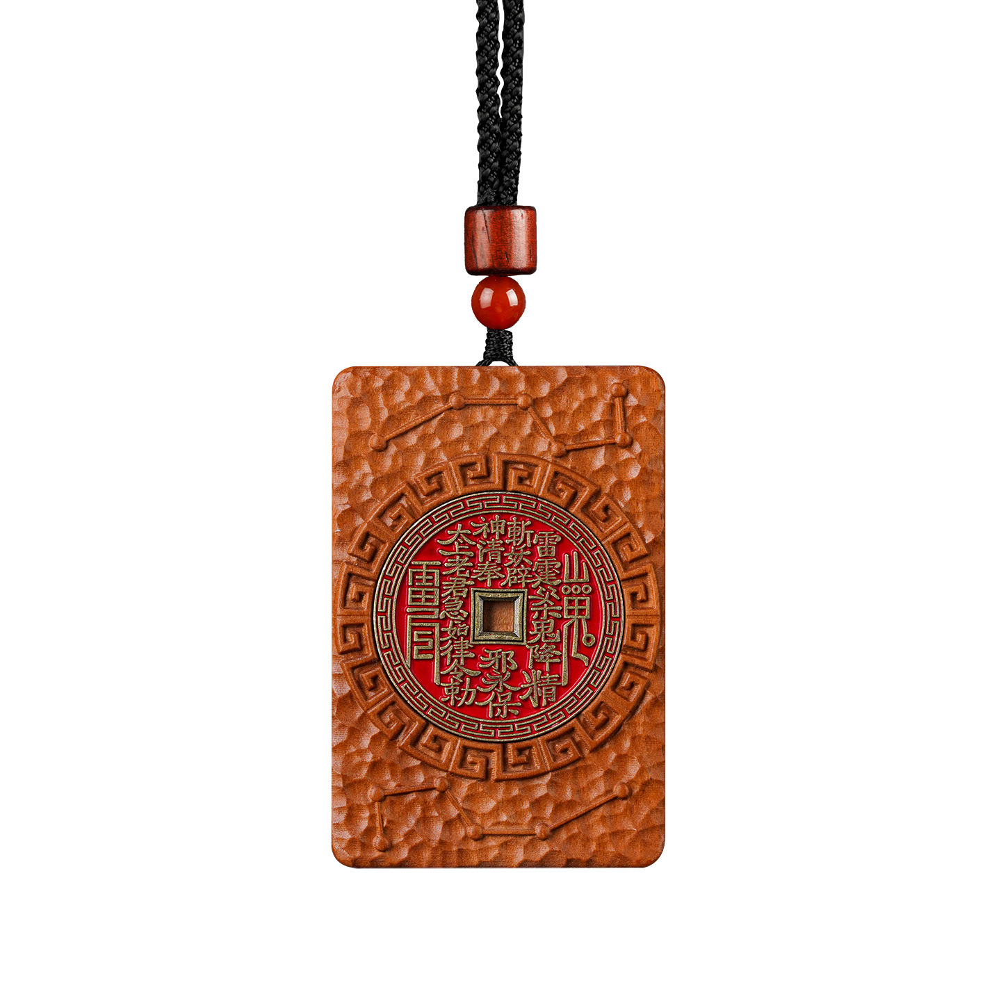 Shan Gui Wood Pendant – white background front red talisman square-hole coin, black rope