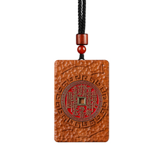 Shan Gui Wood Pendant – white background front red talisman square-hole coin, black rope