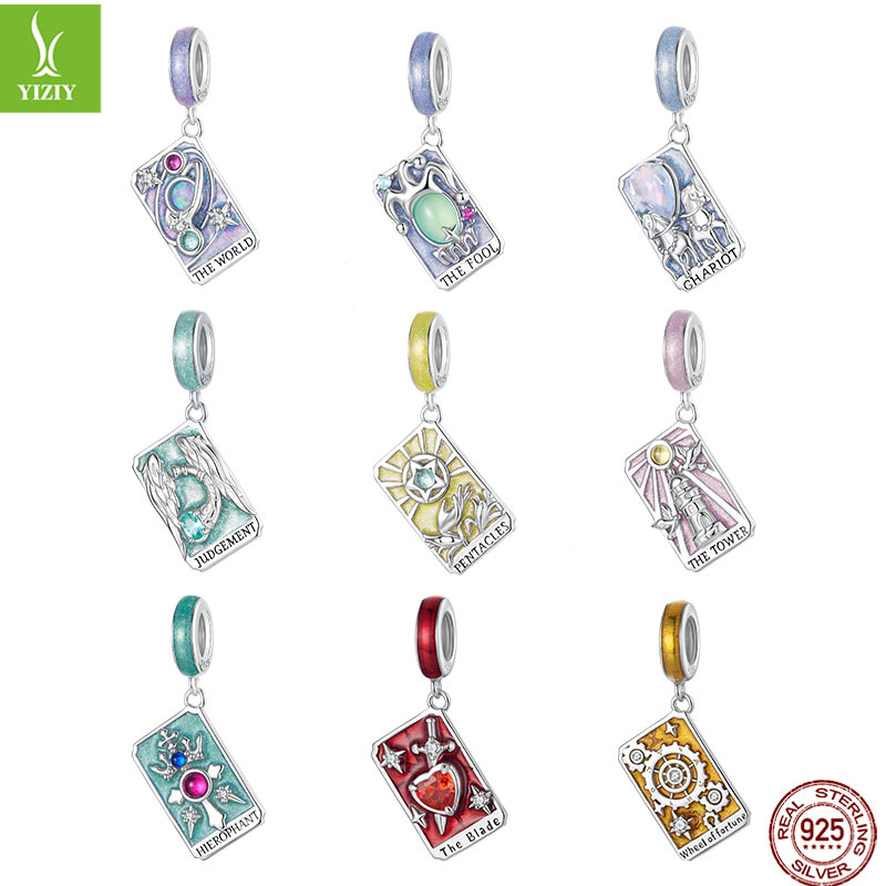 Tarot Silver Charm – Nine tarot charms in 3x3 grid with World Fool Chariot, 925 silver set