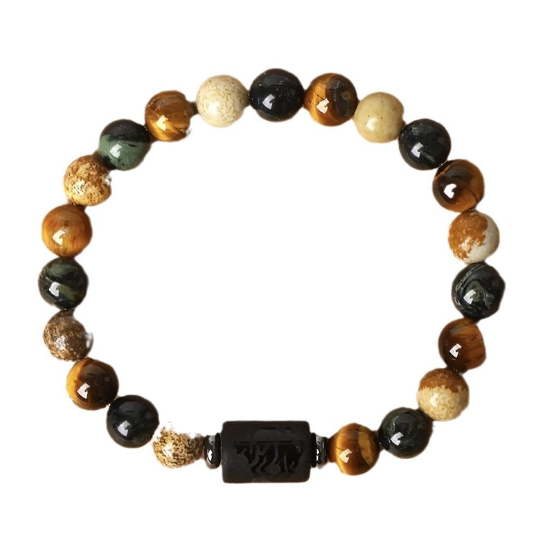 12 Zodiac Natural Stone Bead Bracelet clean white background product shot showing mixed natural stone beads and onyx center