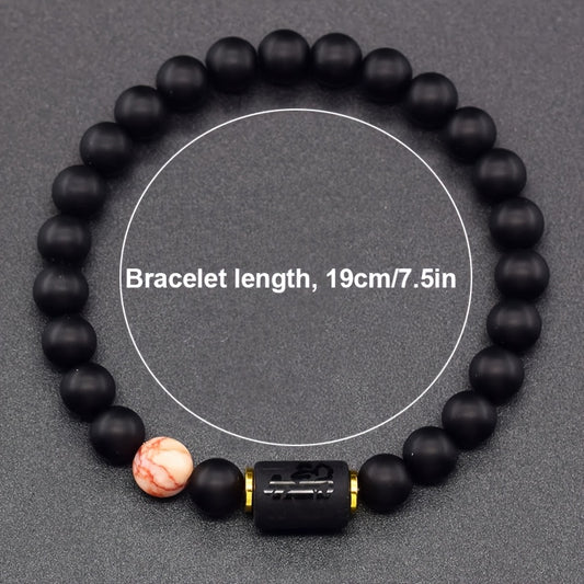 Zodiac Sign Bracelet – single black beaded bracelet with gold barrel charm, 19cm length specification