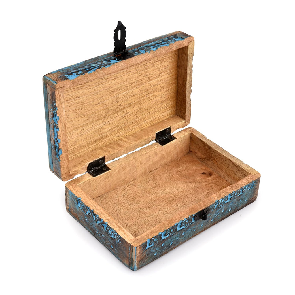Tree of Life Wooden Jewelry Box – side angle showing vine pattern and black metal clasp detail, artisan