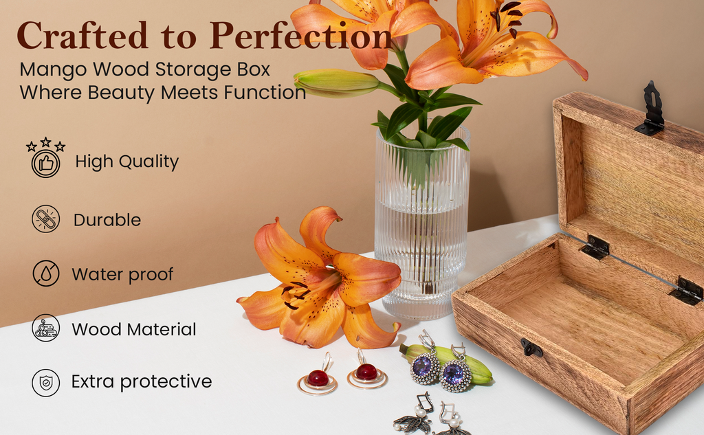 Mango Wood Tree of Life Box – open box with tiger lilies and gemstone earrings, crafted perfection
