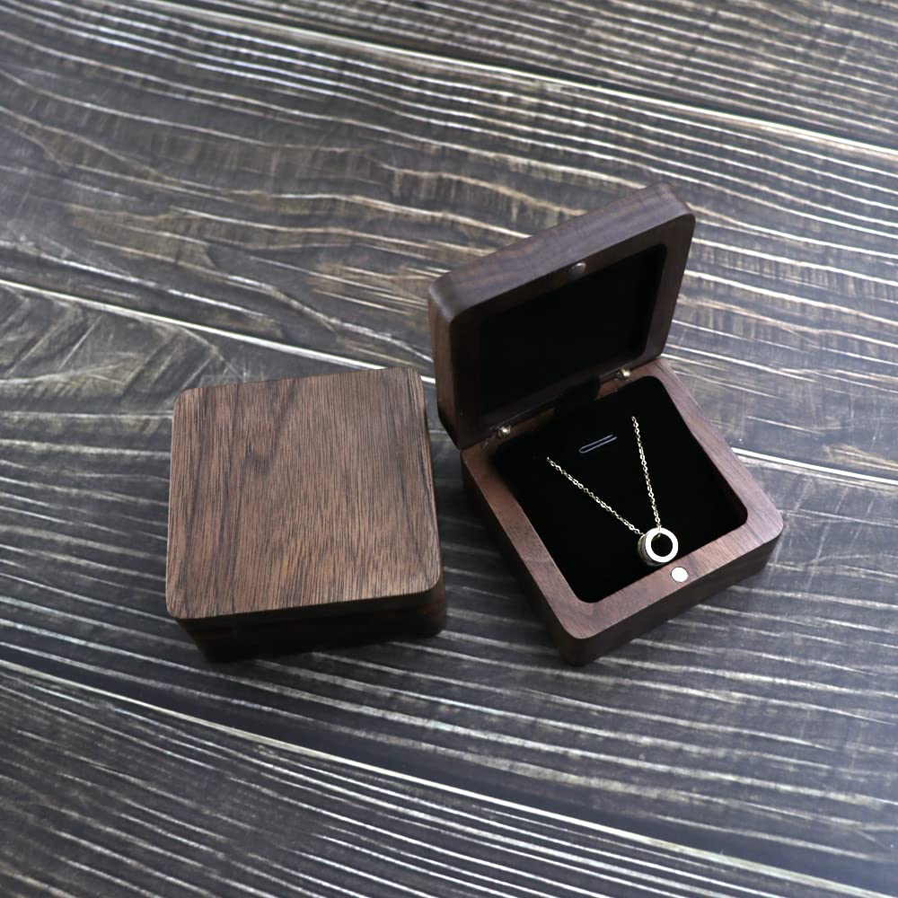 Natural Walnut Necklace Box – dual view open and closed on rustic wood surface with silver necklace, lifestyle