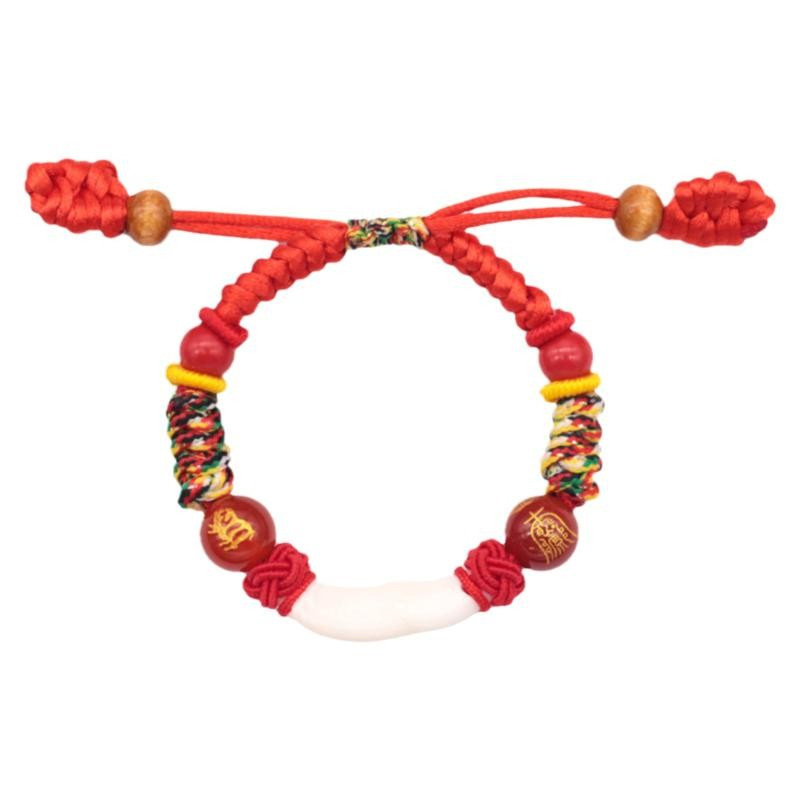 Kids Zodiac Bracelet – white background product shot, red braided knots, colorful woven sections