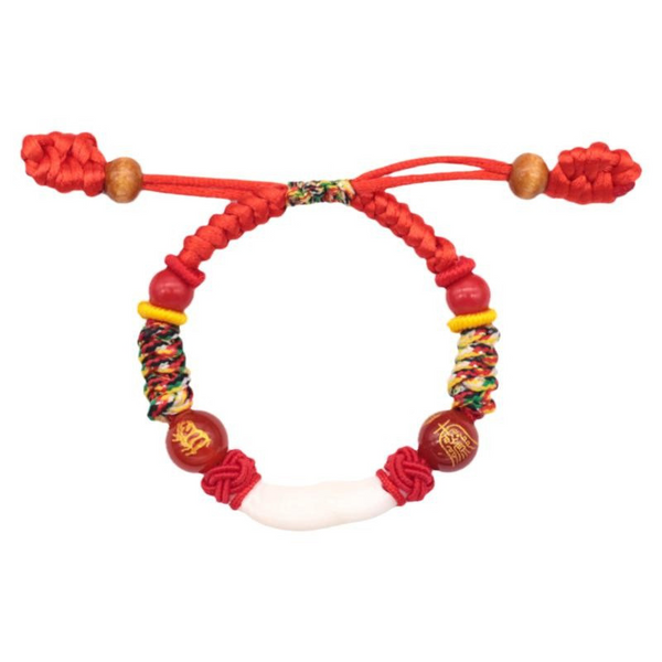 Kids Zodiac Bracelet – white background product shot, red braided knots, colorful woven sections