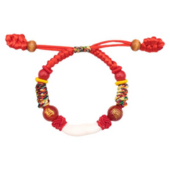 Kids Zodiac Bracelet – white background product shot, red braided knots, colorful woven sections