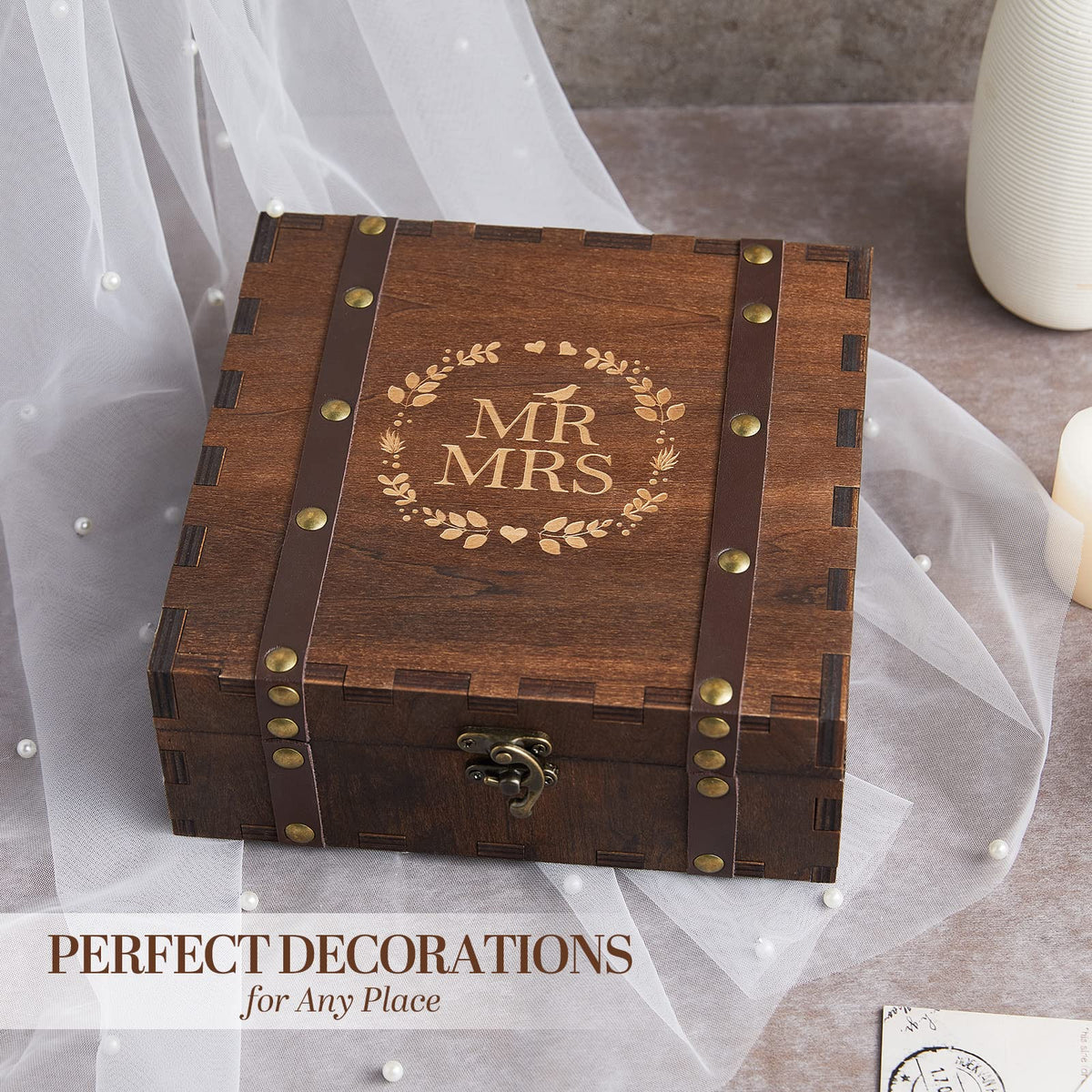 Mr Mrs Wooden Keepsake Box – vintage styling with tulle, pearls and candle, perfect decoration display
