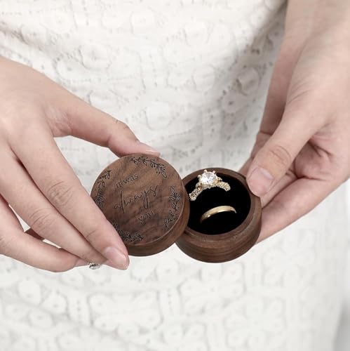 Oval Walnut Wood Ring Box – open box with gold and silver rings on white linen with greenery, rustic