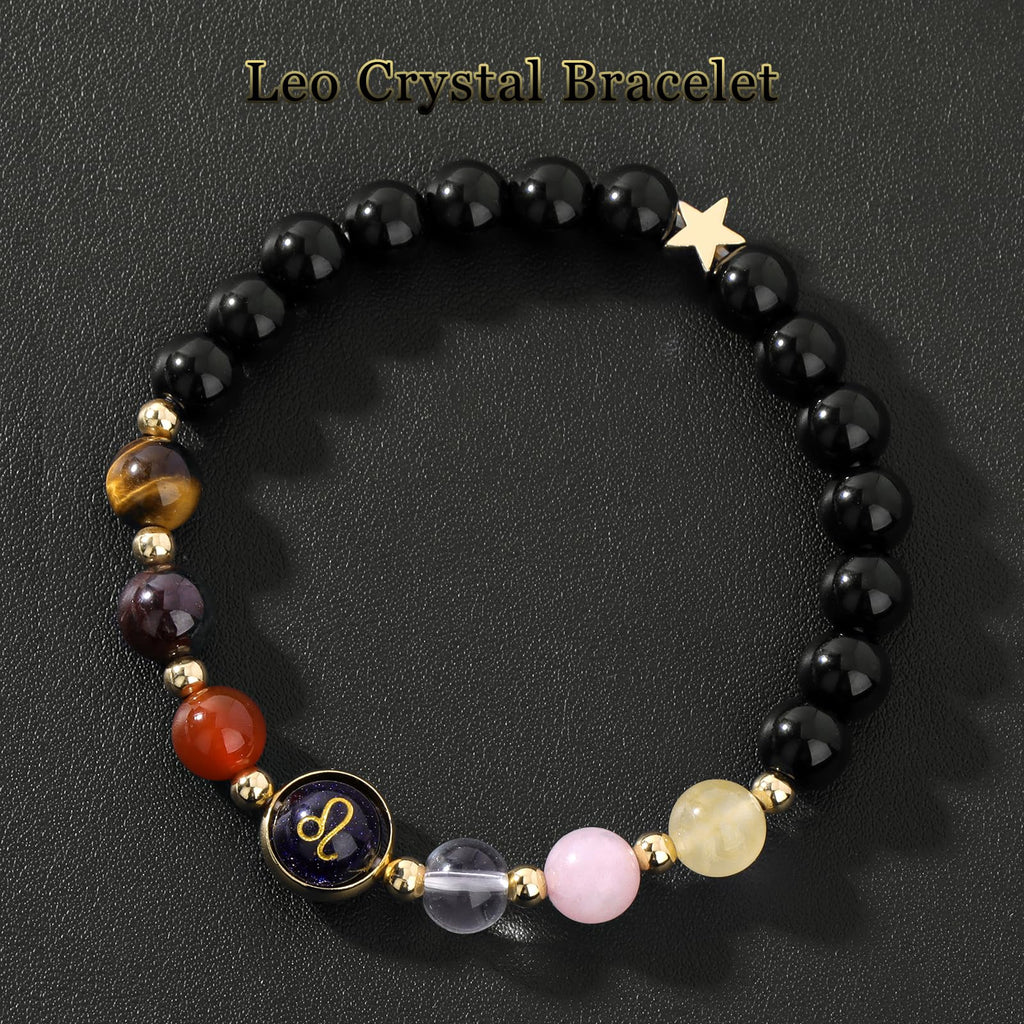 Zodiac Crystal Bracelet – Leo single bracelet flat lay on black textured leather surface