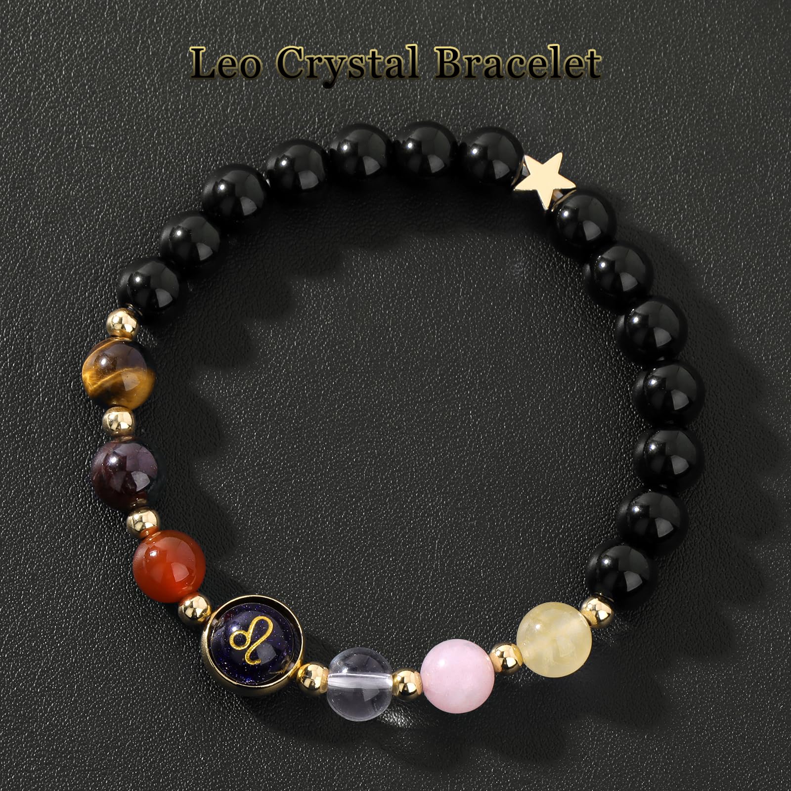 Zodiac Crystal Bracelet – Leo single bracelet flat lay on black textured leather surface