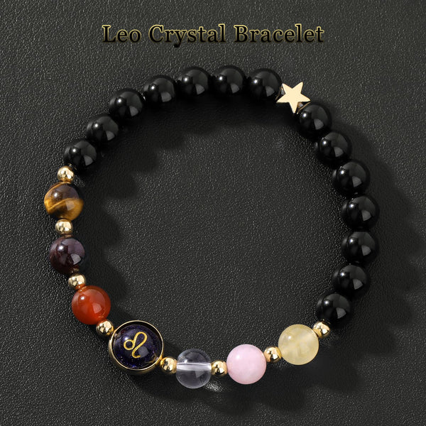 Zodiac Crystal Bracelet – Leo single bracelet flat lay on black textured leather surface