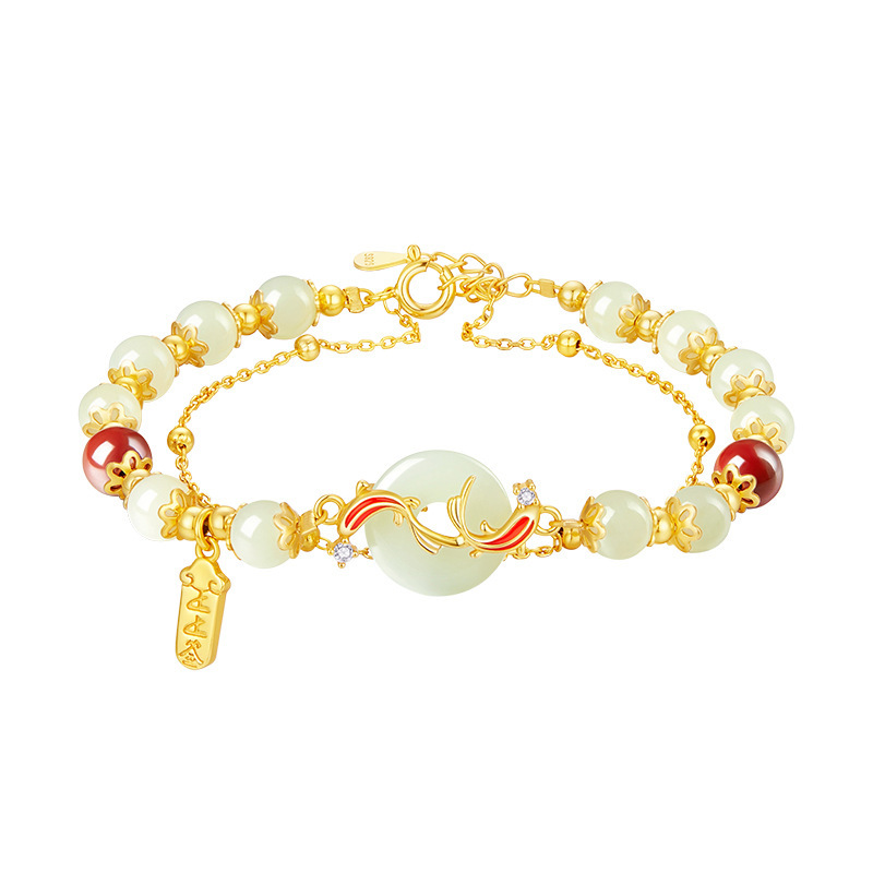 Hetian Jade Bracelet – White background flat lay pale green jade beads gold koi button red beads, women luxury jewelry