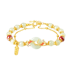 Hetian Jade Bracelet – White background flat lay pale green jade beads gold koi button red beads, women luxury jewelry