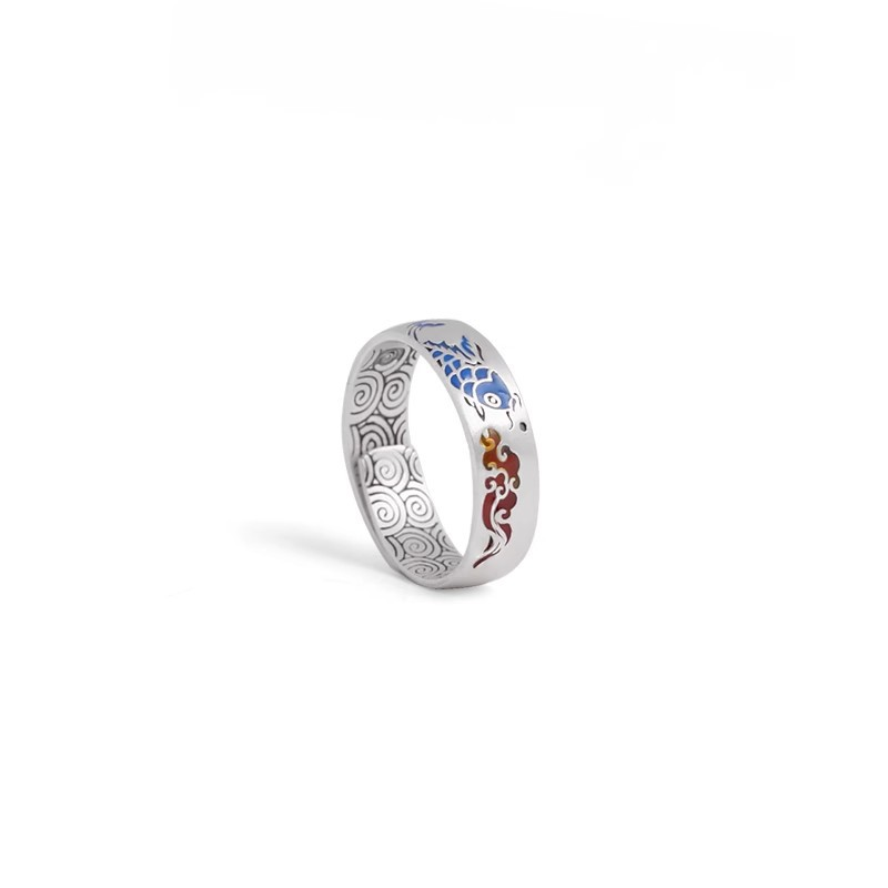 Koi Cloud Ring – White background silver adjustable ring with blue koi red cloud and engraved swirl patterns, unisex luck