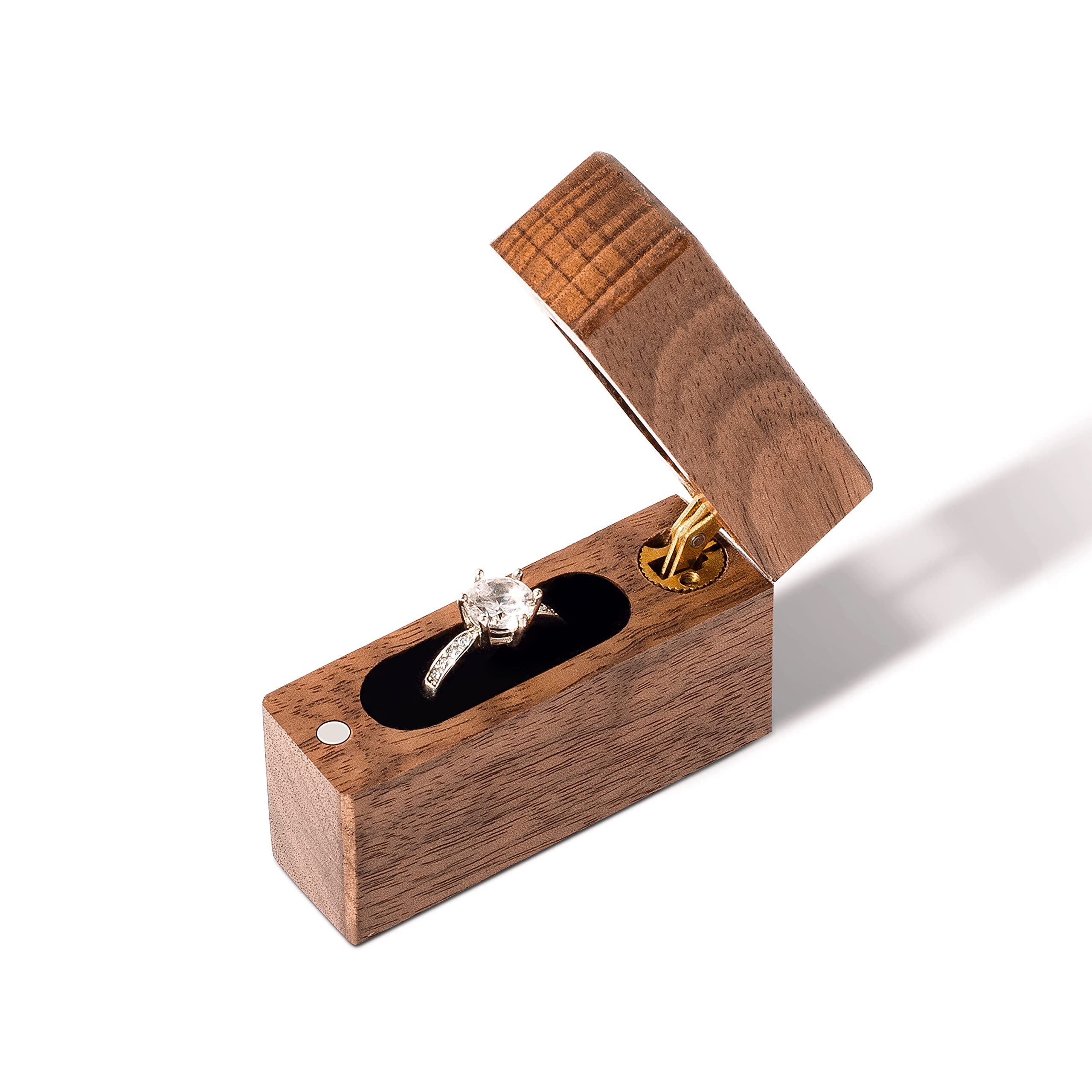 Slim Walnut Wood Ring Box – angled view of open box with walnut grain and brass hinge, handcrafted