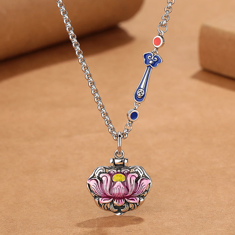 Tibet Copper Lotus Necklace – pink lotus pendant with blue ruyi charm, cultural heritage