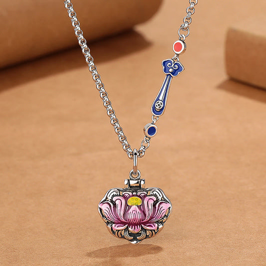 Tibet Copper Lotus Necklace – pink lotus pendant with blue ruyi charm, cultural heritage