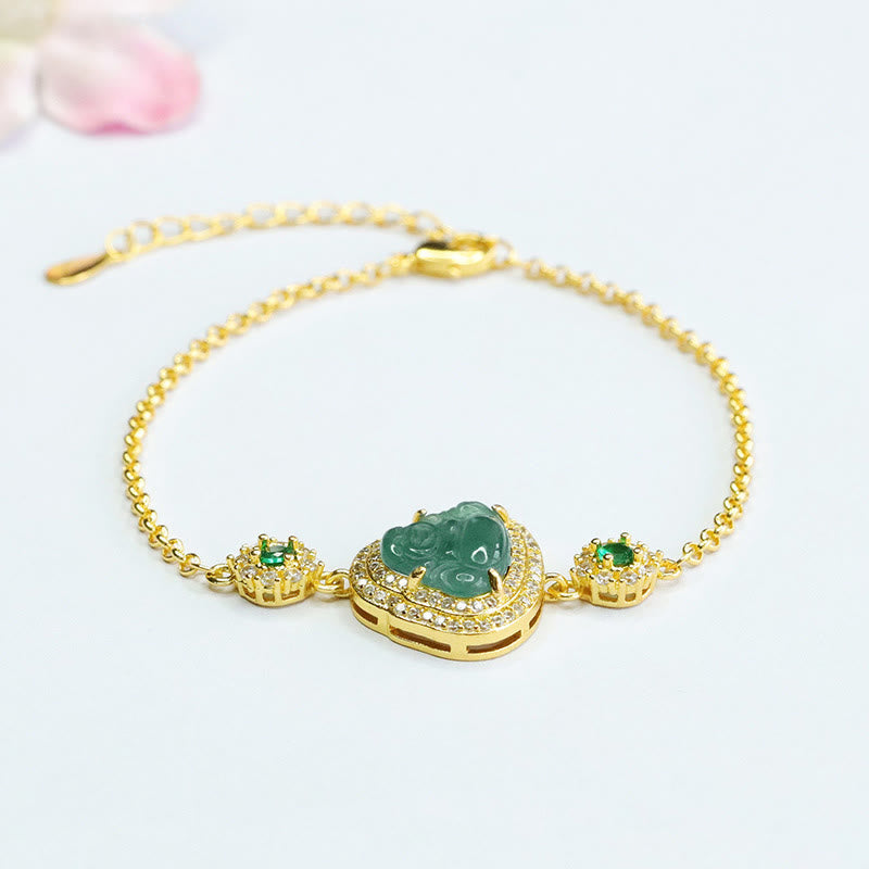 Green Jade Buddha Bracelet – laughing Buddha carved in green jade on gold chain bracelet, luck charm