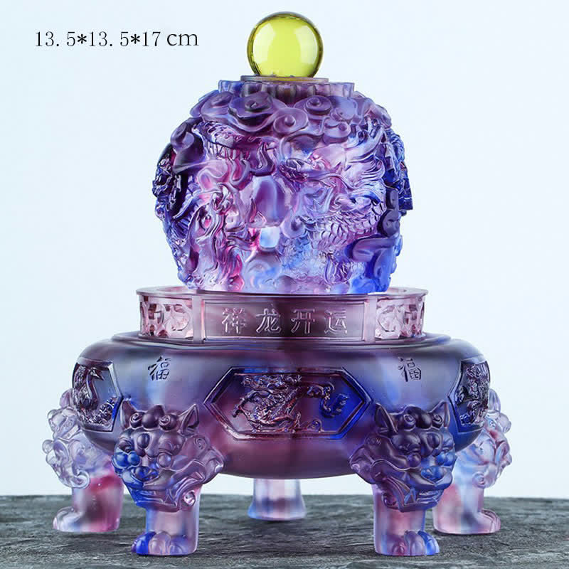 Liuli Dragon Censer 17cm – Purple-blue ornament with lion feet and fortune inscriptions, Auspicious