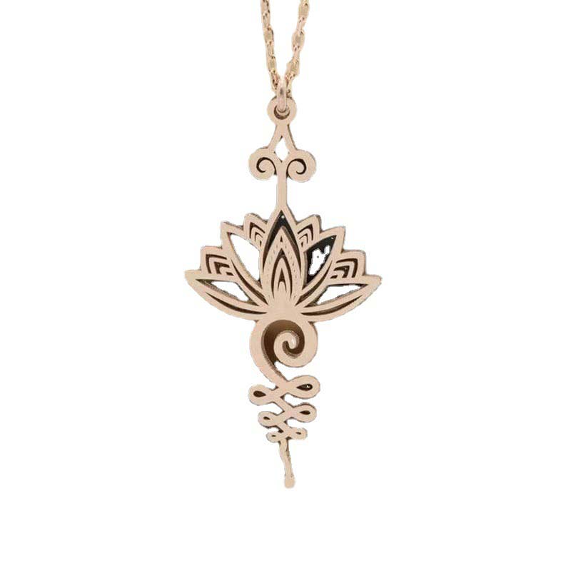 Lotus Luck Wealth Titanium Necklace – rose gold cutout lotus pendant on white background, spiritual