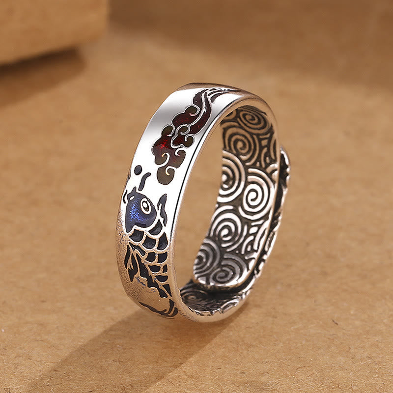 Koi Fish Auspicious Cloud Copper Ring – front view of engraved copper ring, luck wealth jewelry