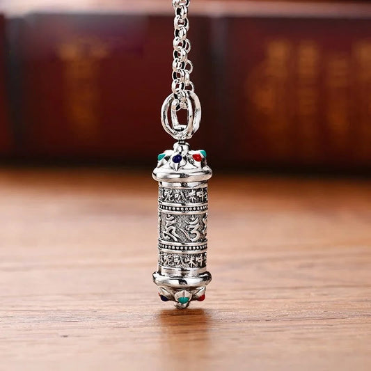 Om Mani Padme Hum Silver Necklace - Prayer wheel pendant with Om engravings, turquoise coral inlays, Tibetan jewelry
