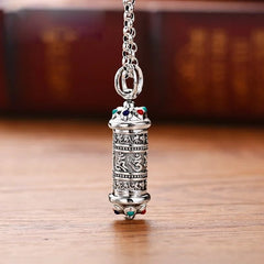 Om Mani Padme Hum Silver Necklace - Prayer wheel pendant with Om engravings, turquoise coral inlays, Tibetan jewelry