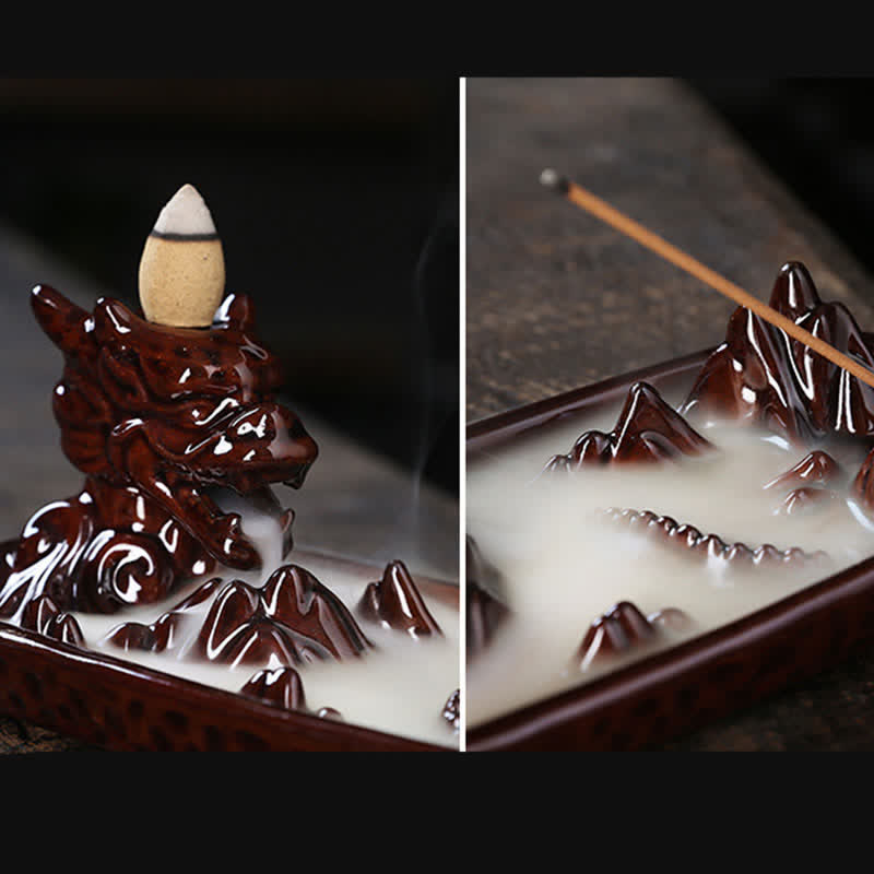 Brown Dragon Mountain Burner - split view reddish ceramic smoke, traditional, calming