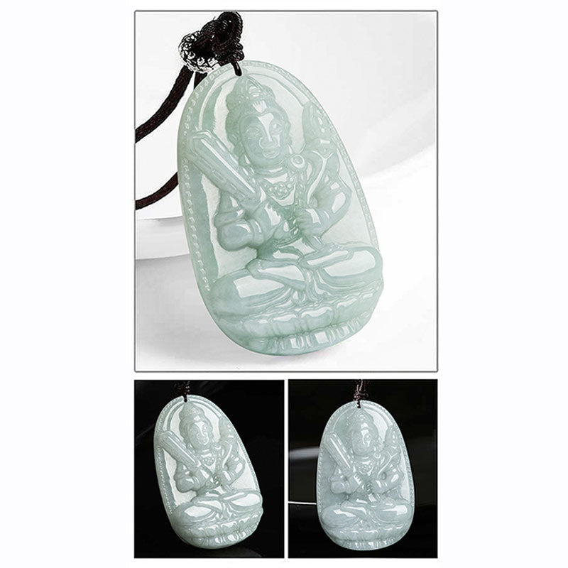 Zodiac Buddha Jade Necklace – macro detail of polished jade guardian Buddha relief, smooth translucent stone texture