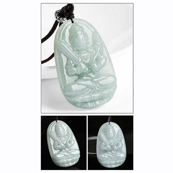 Zodiac Buddha Jade Necklace – macro detail of polished jade guardian Buddha relief, smooth translucent stone texture