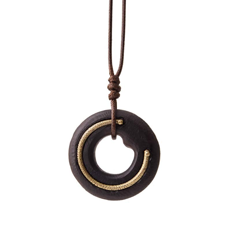 Wooden Pendant Necklace - ebony wood disc with gold metal inlay on leather cord, bohemian tribal men's jewelry