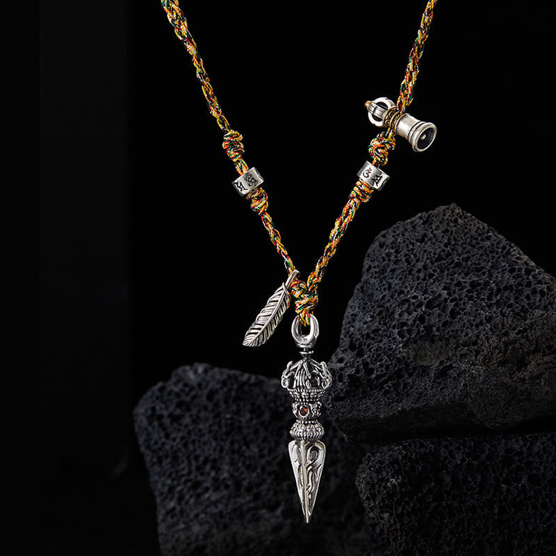 Dorje Vajra Pendant – Suspended view showing ritual dagger with red stone and mantra beads, Buddhist necklace