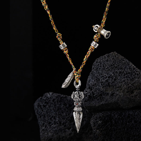 Dorje Vajra Pendant – Suspended view showing ritual dagger with red stone and mantra beads, Buddhist necklace
