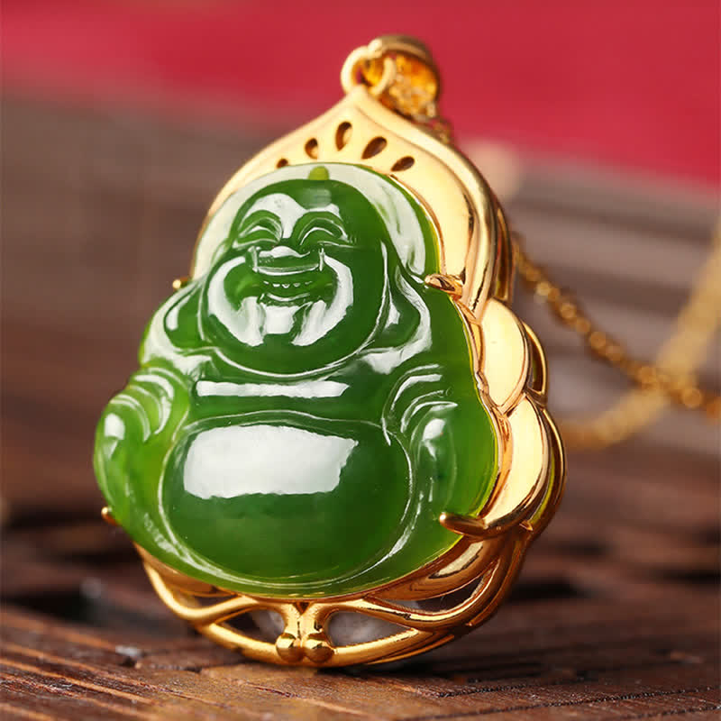 925 Silver Hetian Cyan Jade Laughing Buddha 18K Gold Necklace – silver clasp hallmark close-up, quality jewelry detail