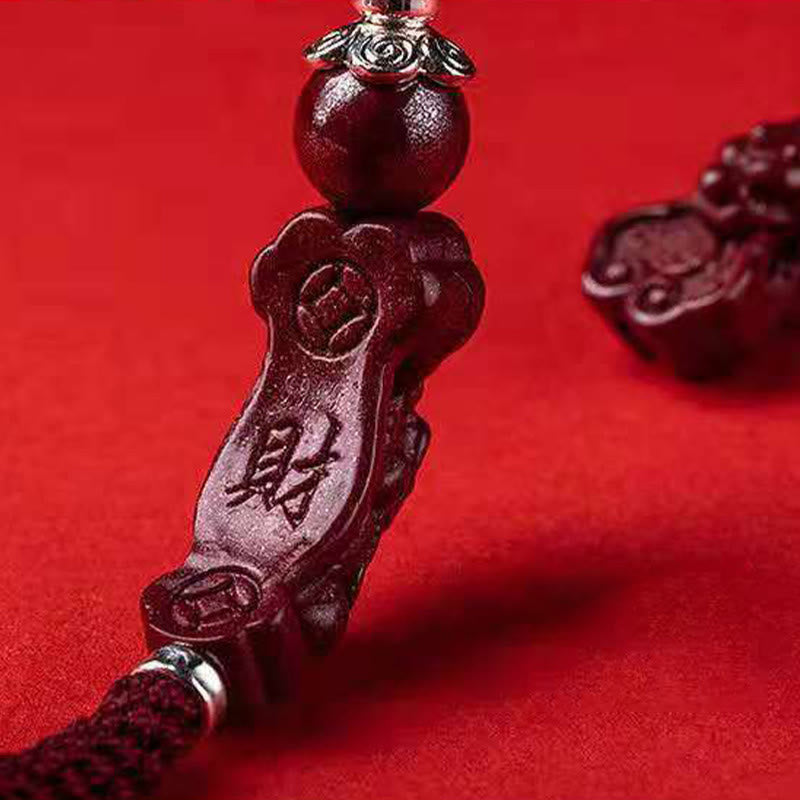 Handcrafted PiXiu Cinnabar Wealth Luck Braided Bracelet – wealth character end with red bead detail, Chinese lucky