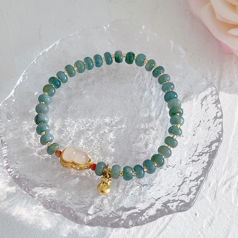 Hetian Jade Pearl Fu Gourd Money Bag Bracelet – Blue jade beaded bracelet with charm, luck prosperity feng shui jewelry