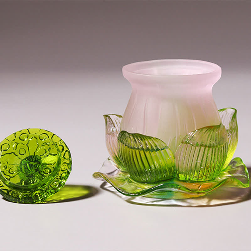 Feng Shui Lotus Liuli Crystal – pink cup in green lotus with lid beside, feng shui art