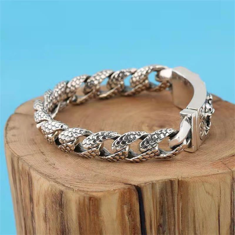 Dragon Scale Bracelet - dragon motif centerpiece white background, silver, statement